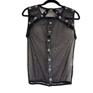JS Women's Sleeveless Casual Top See Through Mesh Crop Sheer Button Up Shirt Sml